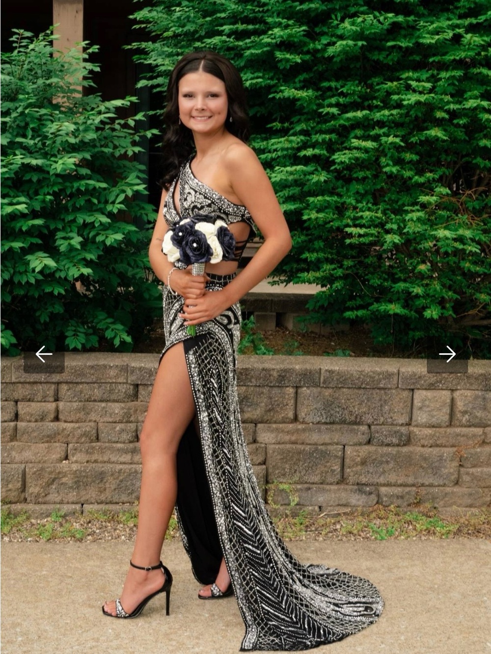 Jovani Black and Silver One-Shoulder Beaded Prom Gown